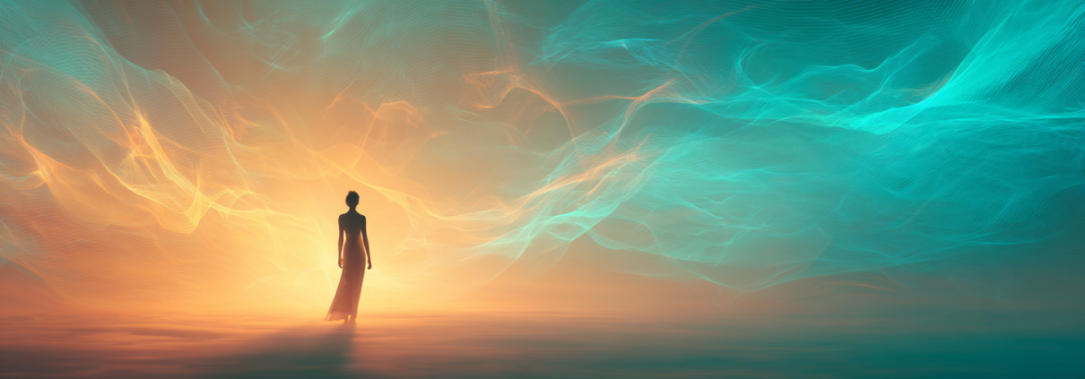 A luminous moment of human transformation and awakening: a contemplative figure standing at the threshold between two worlds, surrounded by flowing streams of soft teal and navy light energy that suggest connection, growth, and human potential rather than technology. The figure is silhouetted against a warm, glowing horizon that represents possibility and hope. The scene feels both timeless and futuristic, suggesting evolution rather than disruption. Photorealistic, editorial photography style, vibrant but warm lighting, no screens or devices visible, ethereal and inspiring atmosphere, the figure appears peaceful and empowered rather than overwhelmed. Colors: teal (#16A085) and navy (#1B3A5F) woven as light, not as design elements. High-resolution, magazine cover quality. --ar 16:9