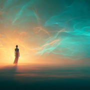 A luminous moment of human transformation and awakening: a contemplative figure standing at the threshold between two worlds, surrounded by flowing streams of soft teal and navy light energy that suggest connection, growth, and human potential rather than technology. The figure is silhouetted against a warm, glowing horizon that represents possibility and hope. The scene feels both timeless and futuristic, suggesting evolution rather than disruption. Photorealistic, editorial photography style, vibrant but warm lighting, no screens or devices visible, ethereal and inspiring atmosphere, the figure appears peaceful and empowered rather than overwhelmed. Colors: teal (#16A085) and navy (#1B3A5F) woven as light, not as design elements. High-resolution, magazine cover quality. --ar 16:9