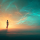 A luminous moment of human transformation and awakening: a contemplative figure standing at the threshold between two worlds, surrounded by flowing streams of soft teal and navy light energy that suggest connection, growth, and human potential rather than technology. The figure is silhouetted against a warm, glowing horizon that represents possibility and hope. The scene feels both timeless and futuristic, suggesting evolution rather than disruption. Photorealistic, editorial photography style, vibrant but warm lighting, no screens or devices visible, ethereal and inspiring atmosphere, the figure appears peaceful and empowered rather than overwhelmed. Colors: teal (#16A085) and navy (#1B3A5F) woven as light, not as design elements. High-resolution, magazine cover quality. --ar 16:9